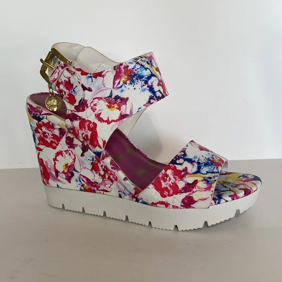Juicy Couture Trish Floral Heeled Wedge Open Toe Slingback Sandals Size 7 - Picture 1 of 8